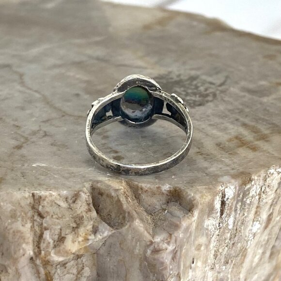 Sterling Silver 925 Bezel Set Oval Abalone Shell Floral Accent Ring Sz 3.75 - Picture 7 of 16